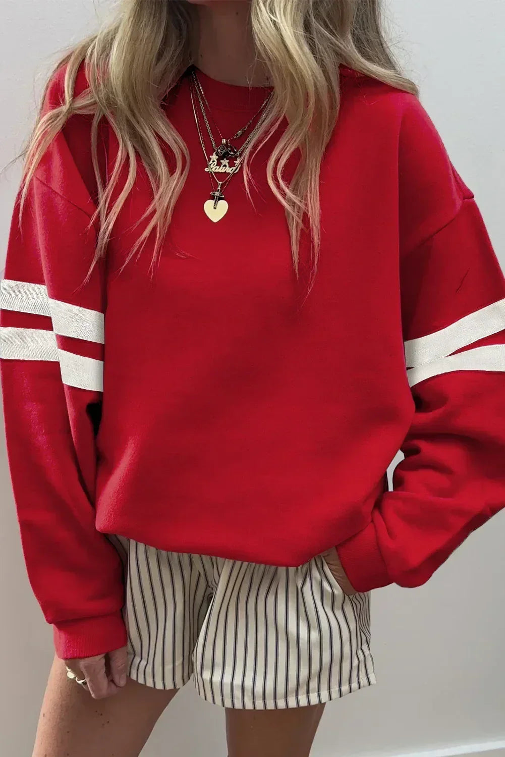 Fiery Red Striped Sleeve Loose Fit Sweatshirt - Femstylo