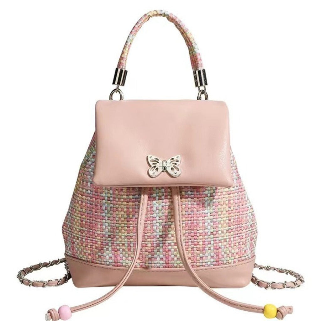 Sweet girl design woven leather small backpack purse, chain backpack, dopamine sweet cool versatile small backpack for women