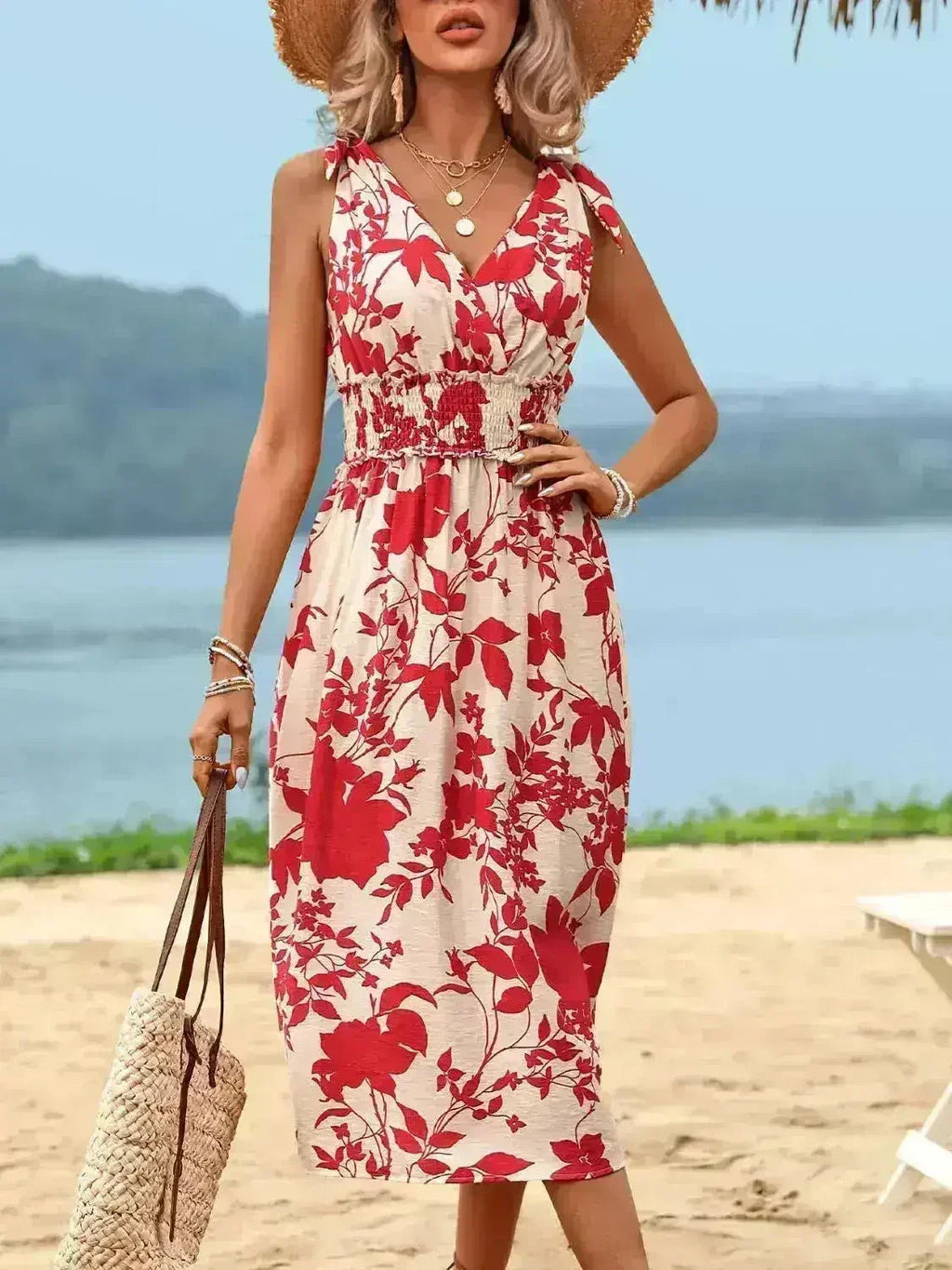 Smocked Surplice Midi Dress - Viscose Flowy Dress | Femstylo