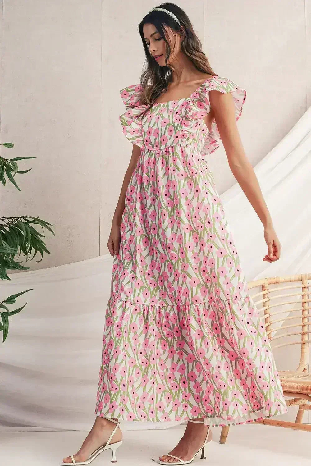 Pink Floral Print Square Neck Ruffled Strap Maxi Dress