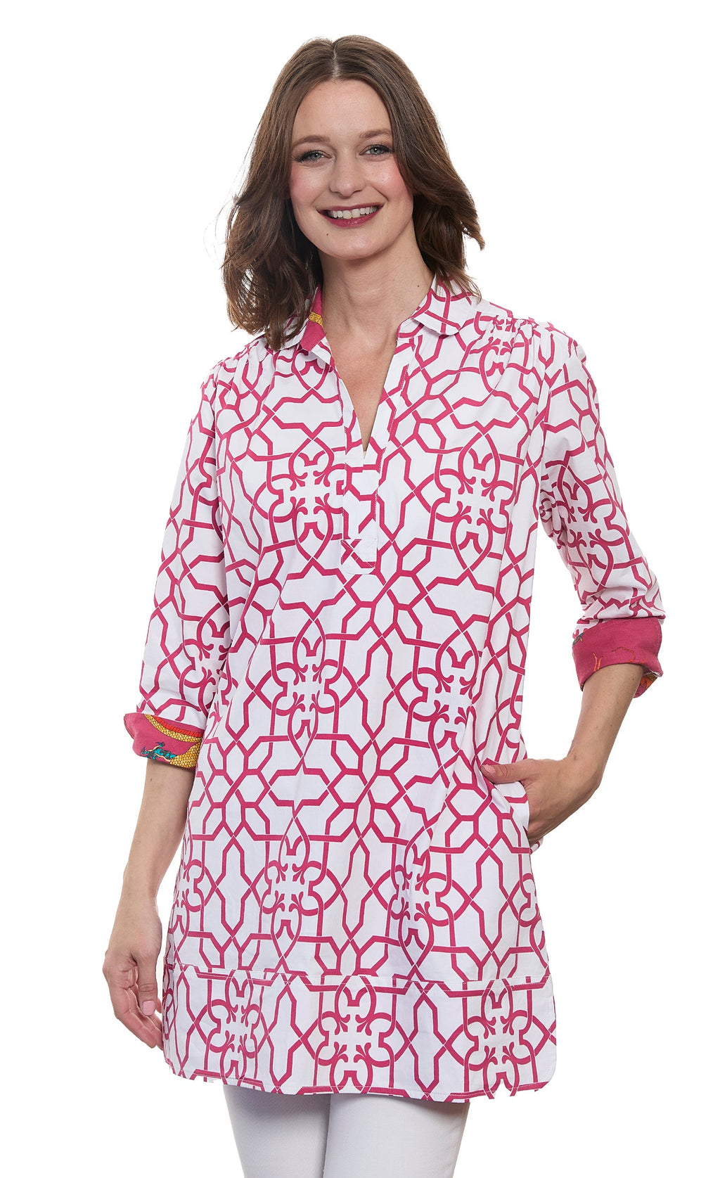 Vail Tunic Pink White Geo Print Cotton with Stretch