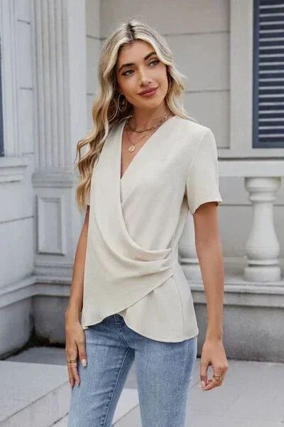 Out of State - Solid Color Surplice Short Sleeve Blouse