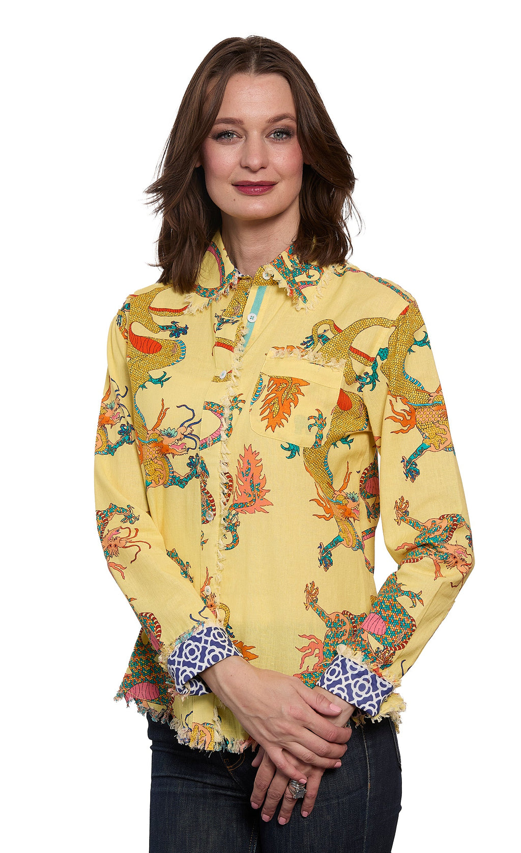 Cape Cod Top Butter Yellow Dragon Print On Cotton Linen