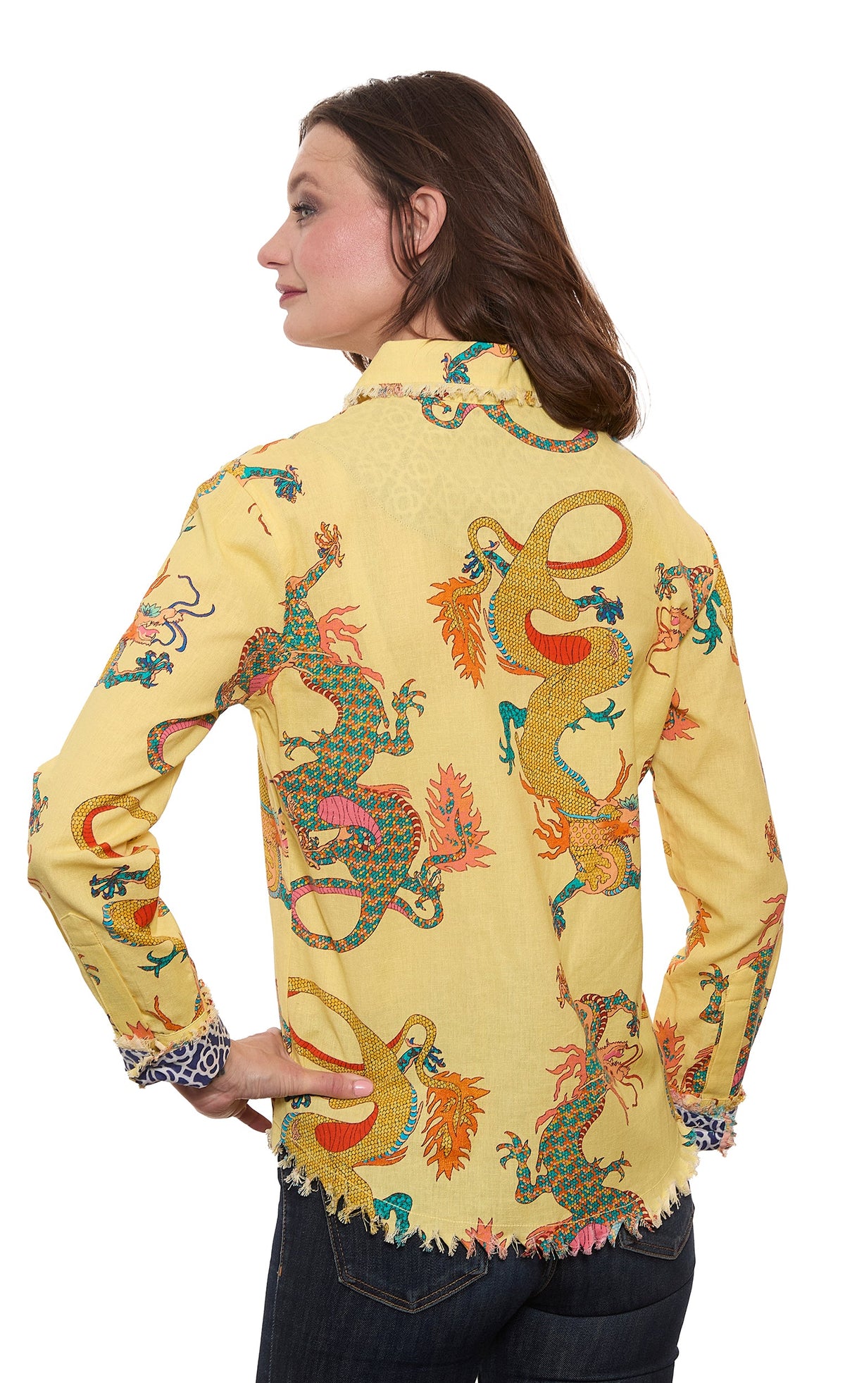 Cape Cod Top Butter Yellow Dragon Print On Cotton Linen