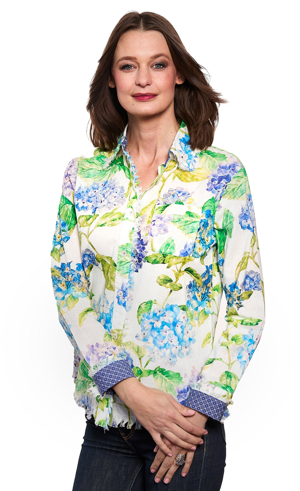 Cape Cod Top Linen Cotton Hydrangea Print Top