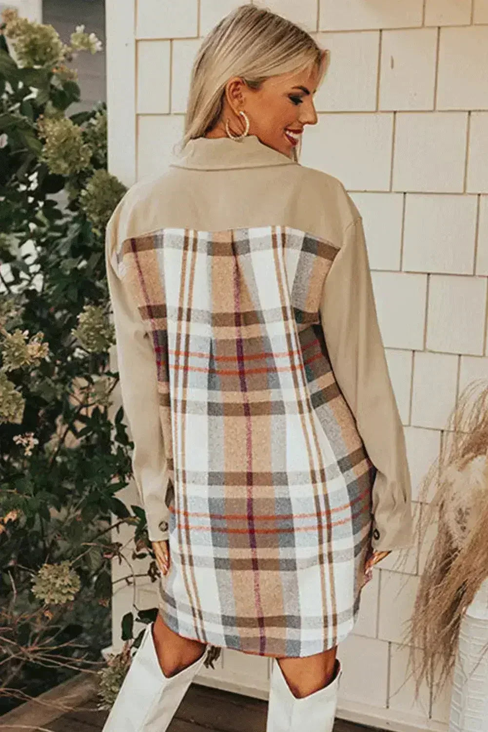 Khaki Plaid Patchwork Long Sleeve Mini Dress with Pockets