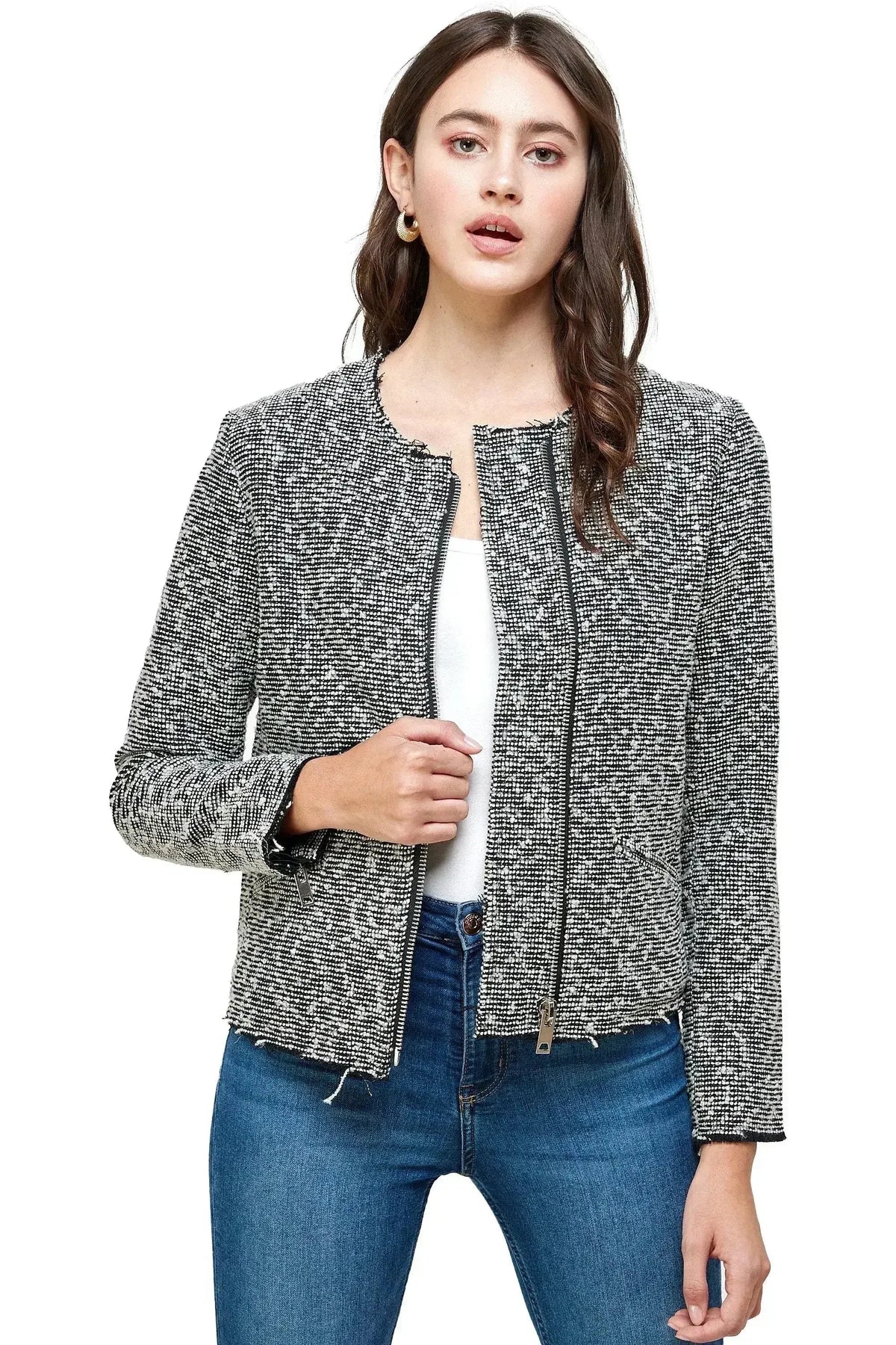 Boucle Tweed Biker Jacket - Textured Zip-Up Jacket for Women | Femstylo
