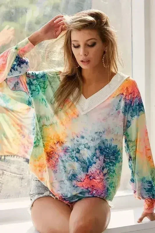 BiBi Tie Dye Soft Knit Jersey V-Neck Top | Femstylo