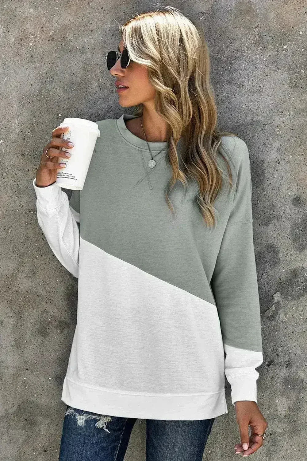 Gray White Patchwork Dropped Shoulder Sleeve Sweatshirt