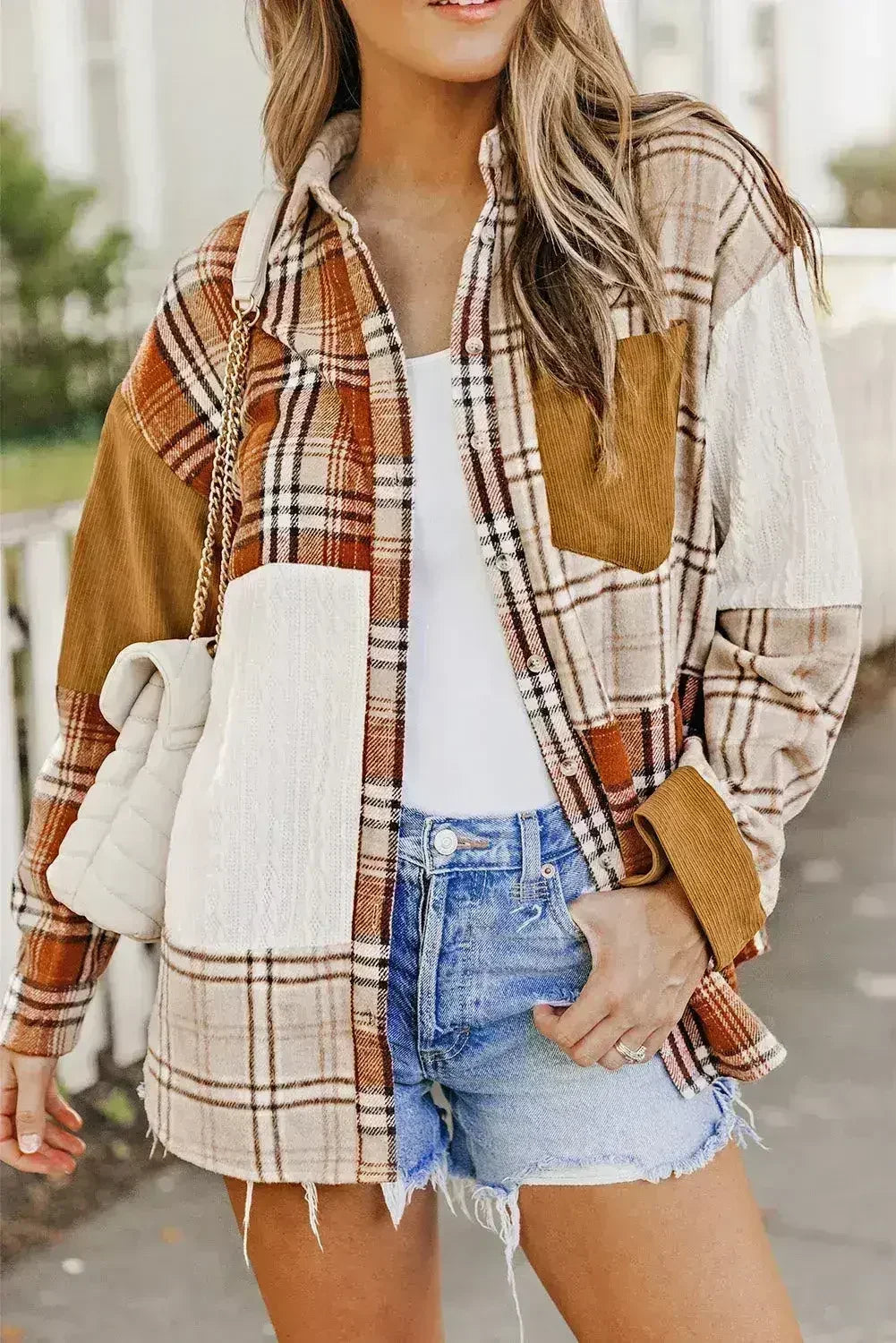 Plaid Color Block Patchwork Shirt Jacket with Pocket