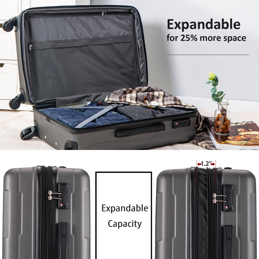 Expanable Spinner Wheel 2 Piece Luggage Set ABS Lightweight Suitcase with TSA Lock 20inch+24inch Dark Gray + Plastic