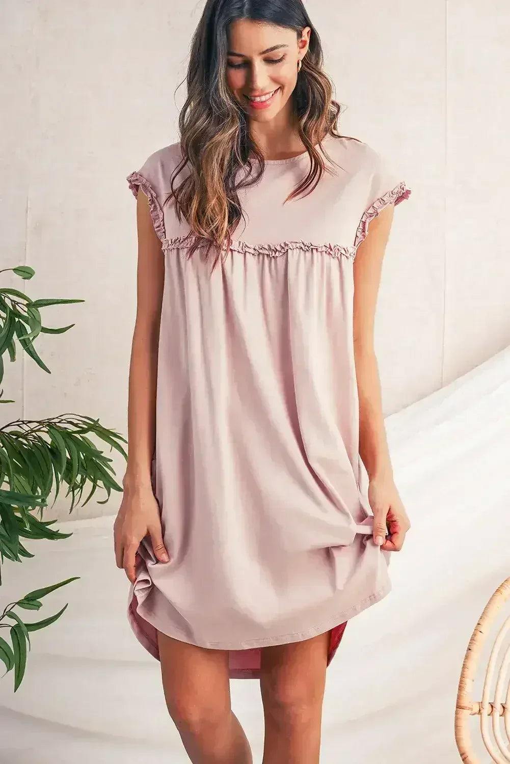 Oatmeal Frilled Trim Crewneck Loose Fit Mini Dress
