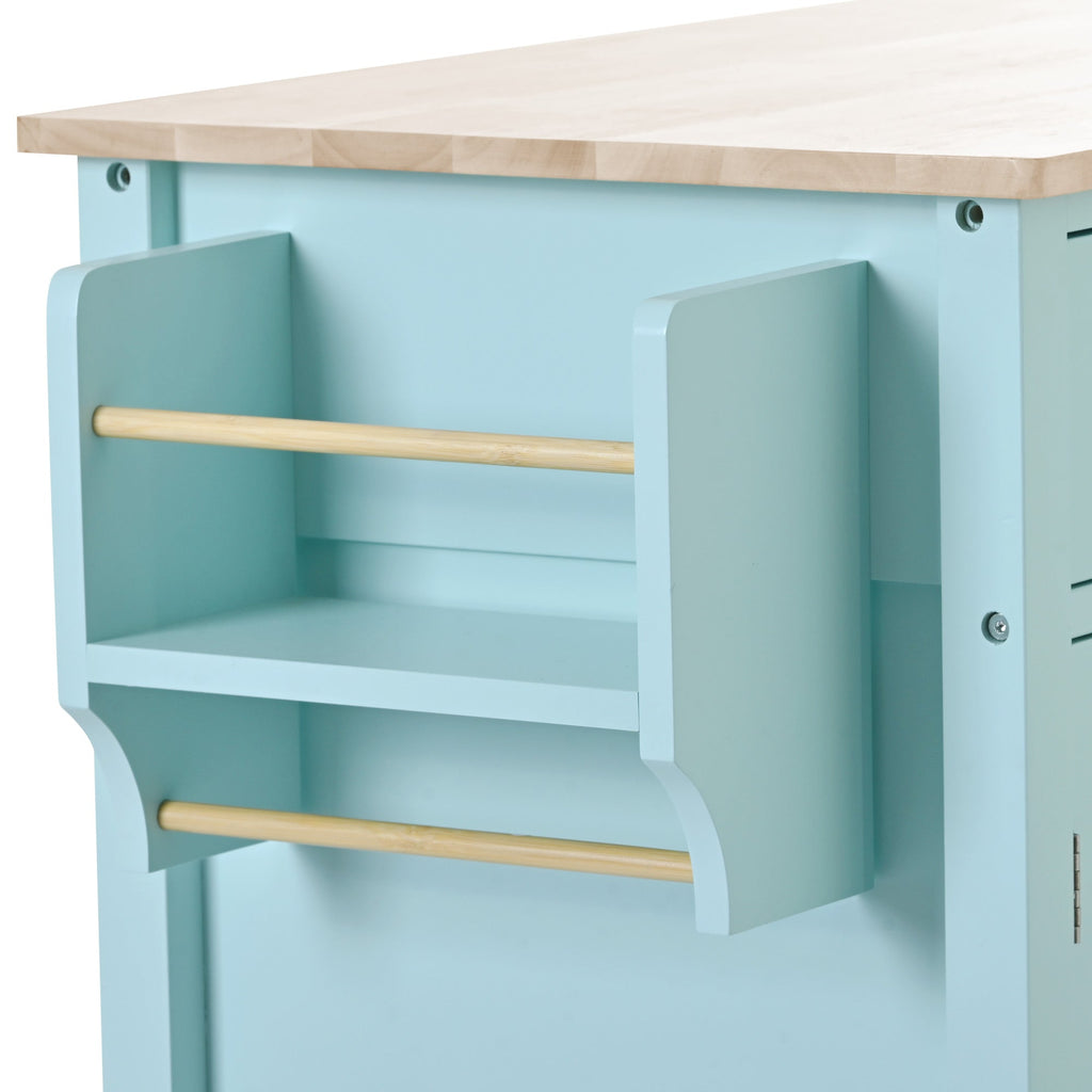 Kitchen Island Cart with 4 Door Cabinet and Two Drawers and 2 Locking Wheels - Solid Wood Top (Mint Green)