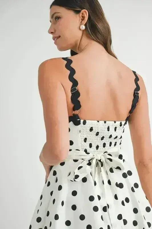 Polka Dot Mini Dress – Ricrac Trim Strap & Smocked Back