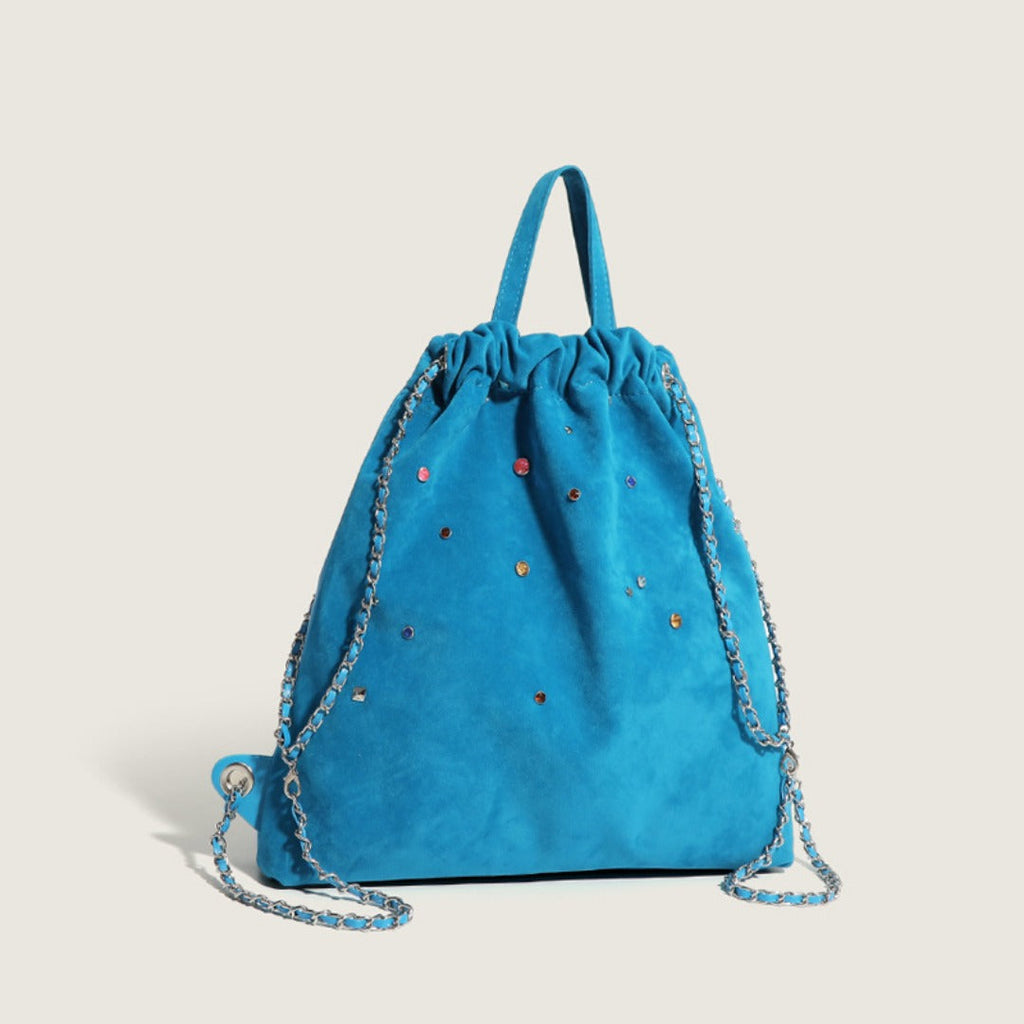 Women's bag matte suede backpack purse, splicing colored gemstone chain backpack, drawstring portable backpack