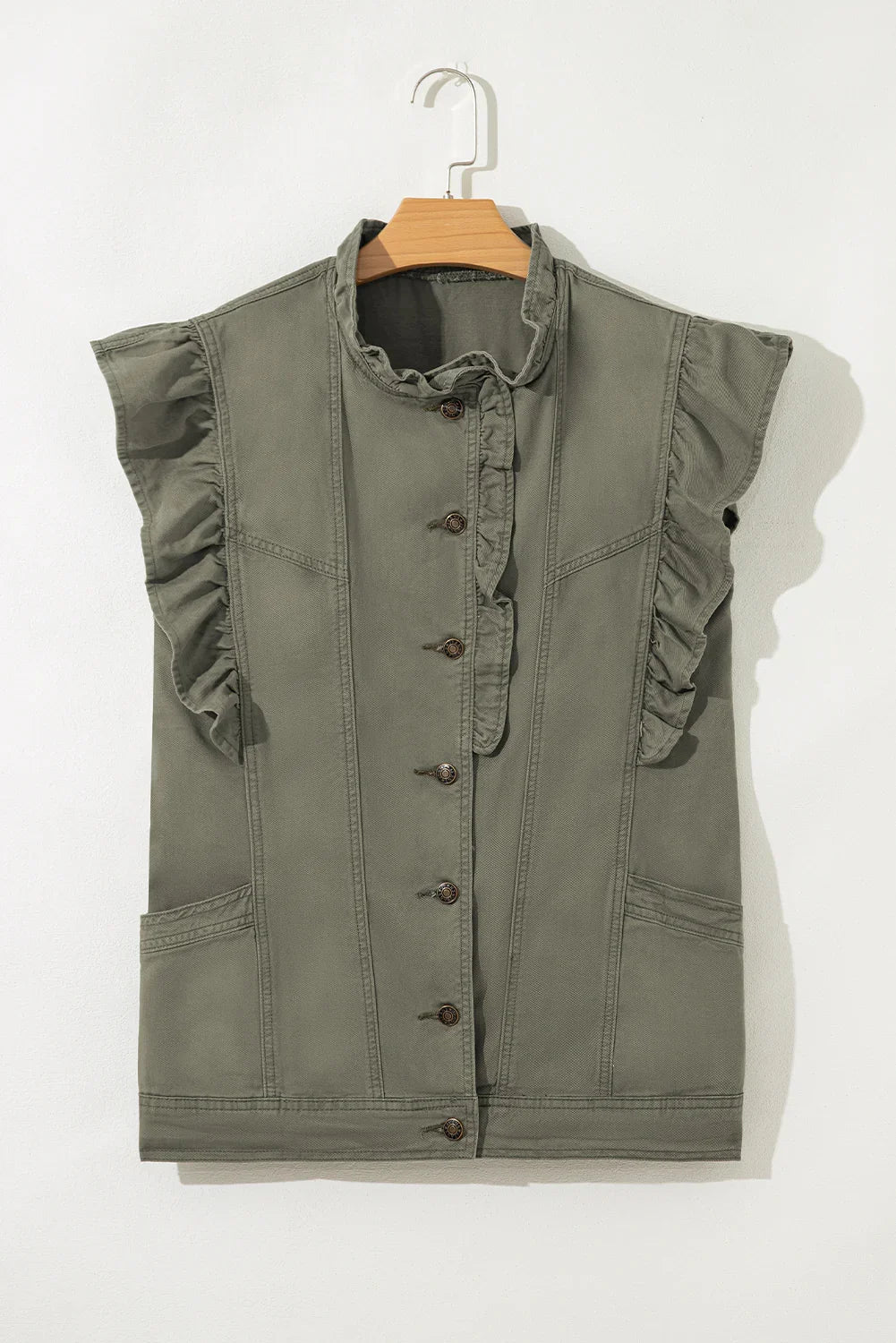 Green Bay Ruffle Plain Denim Jacket Vest