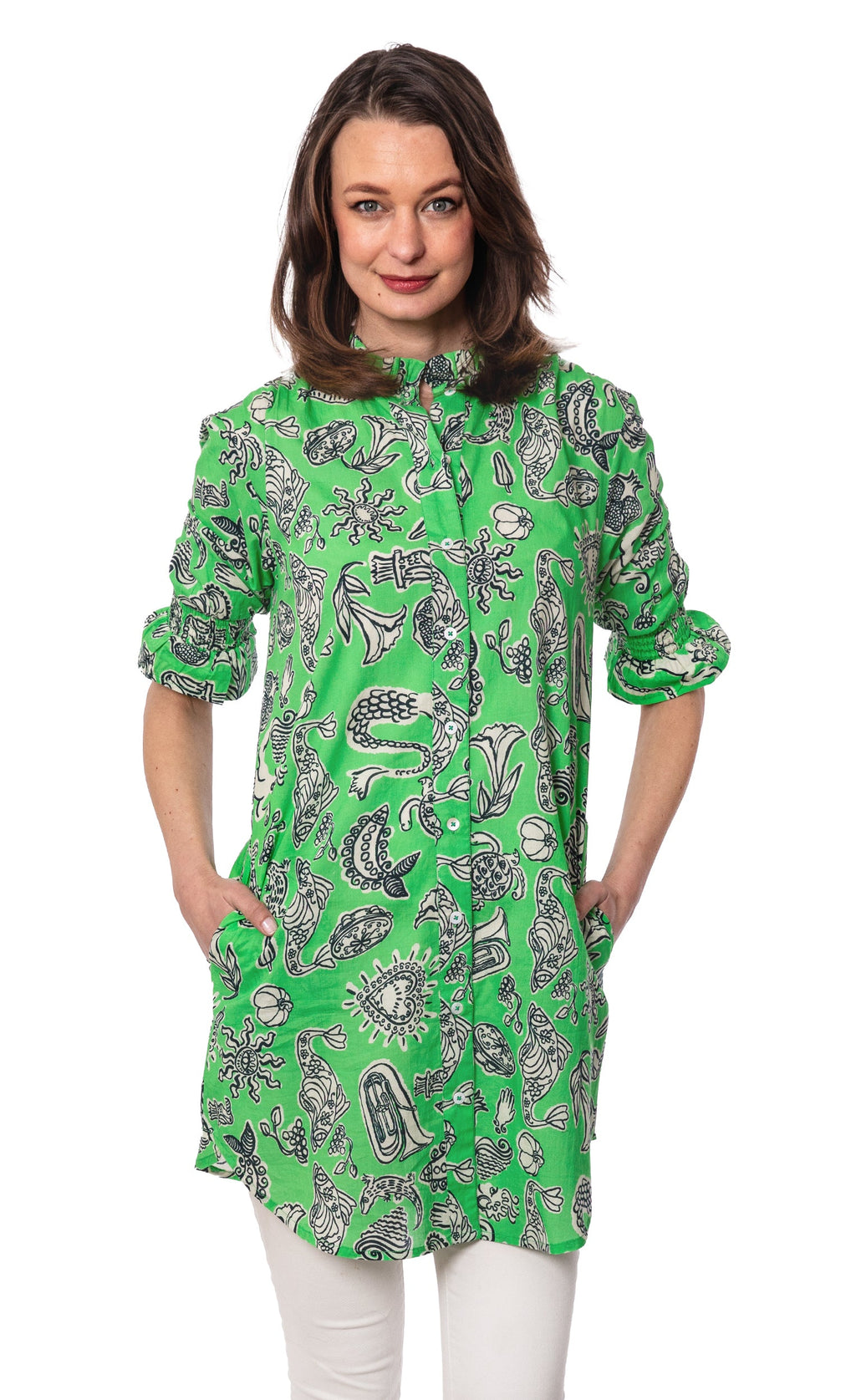 Big Shirt Tunic with Ruffle Green Whimsy Print