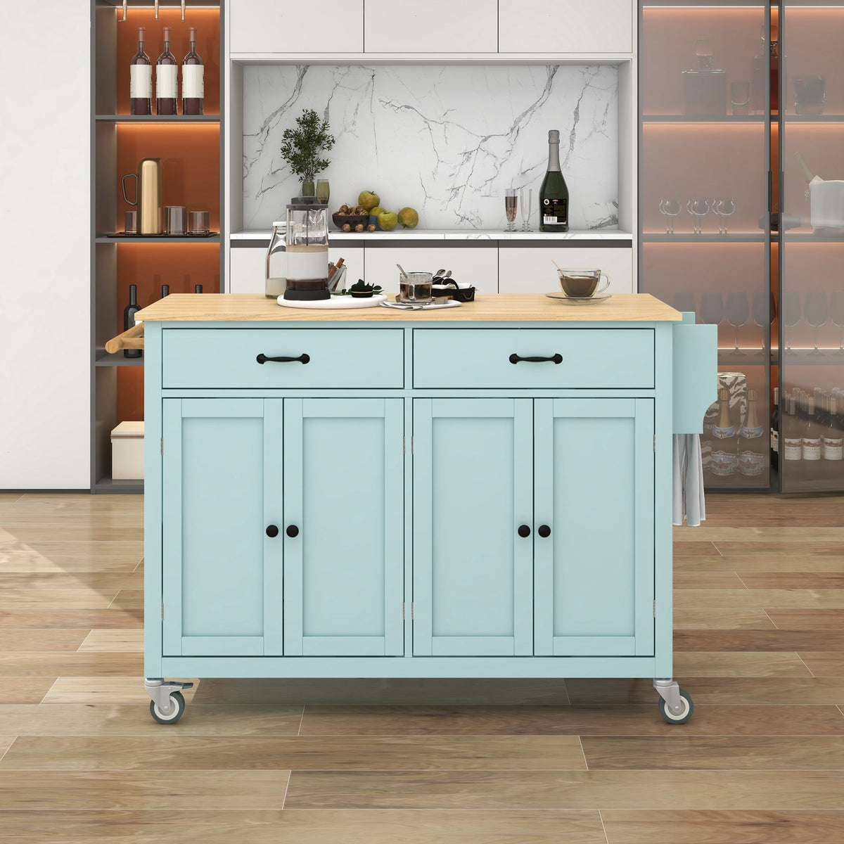 Kitchen Island Cart with 4 Door Cabinet and Two Drawers and 2 Locking Wheels - Solid Wood Top (Mint Green)