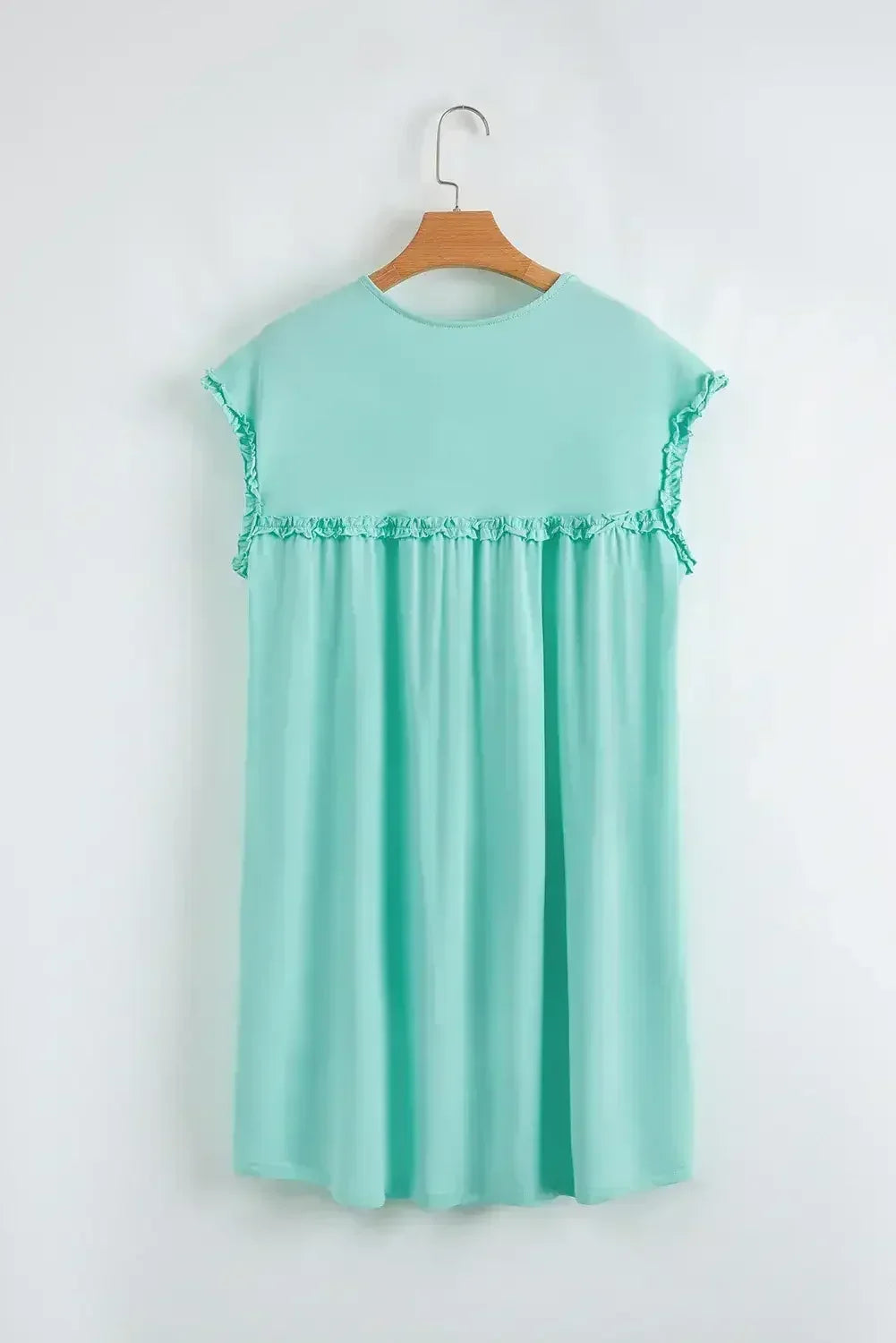 Oatmeal Frilled Trim Crewneck Loose Fit Mini Dress