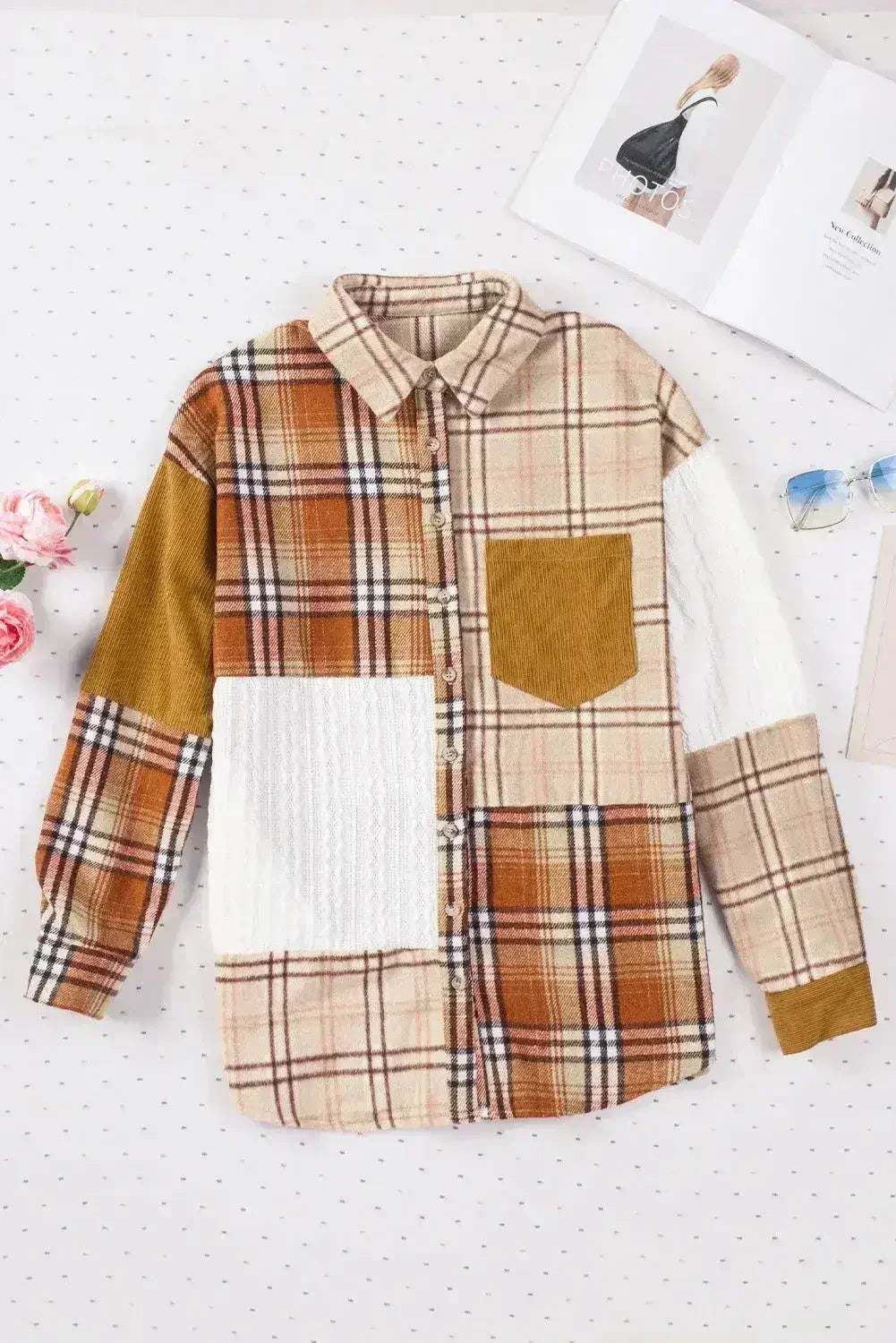 Plaid Color Block Patchwork Shirt Jacket with Pocket
