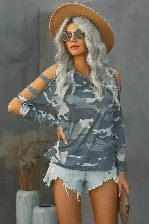 Camouflage Shoulder To Hollow Out Long Sleeve Top