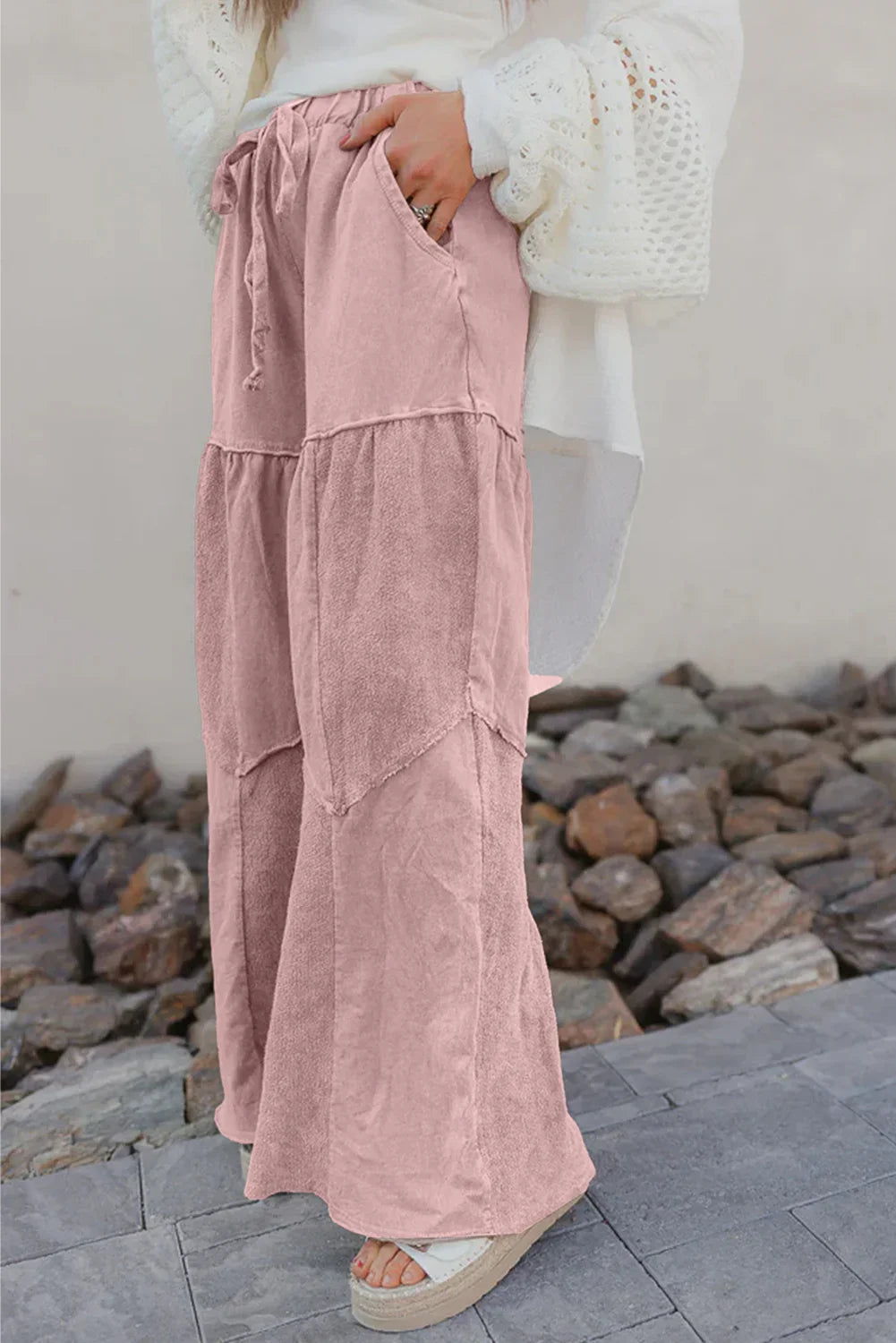 Mineral Wash Tiered Wide Leg Patchwork Drawstring Pants