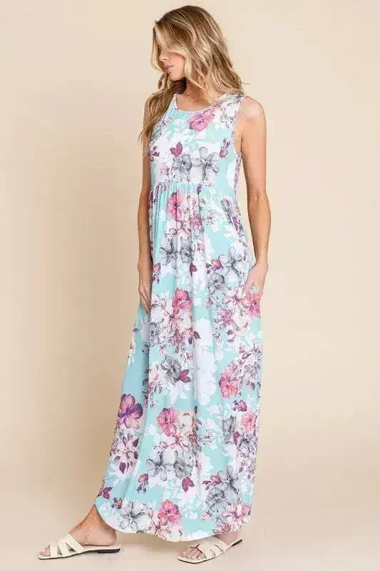 BOMBOM Floral Round Neck Sleeveless Maxi Dress with Pockets