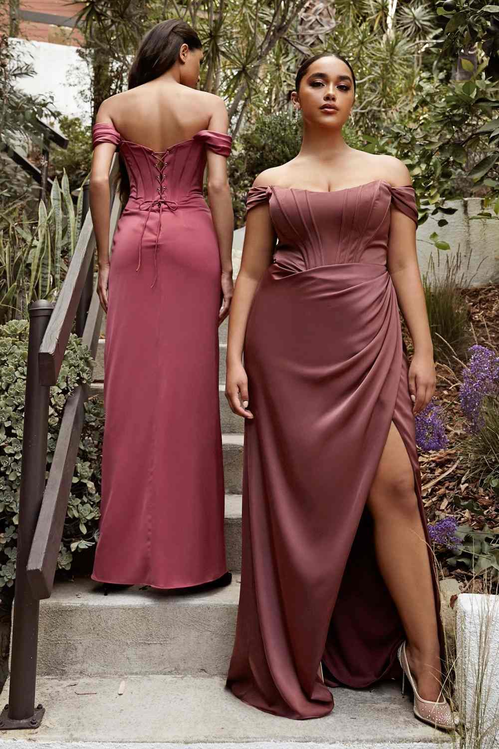 Cinderella Divine 7484C Plus Size Off the Shoulder Corset Satin Formal Gown