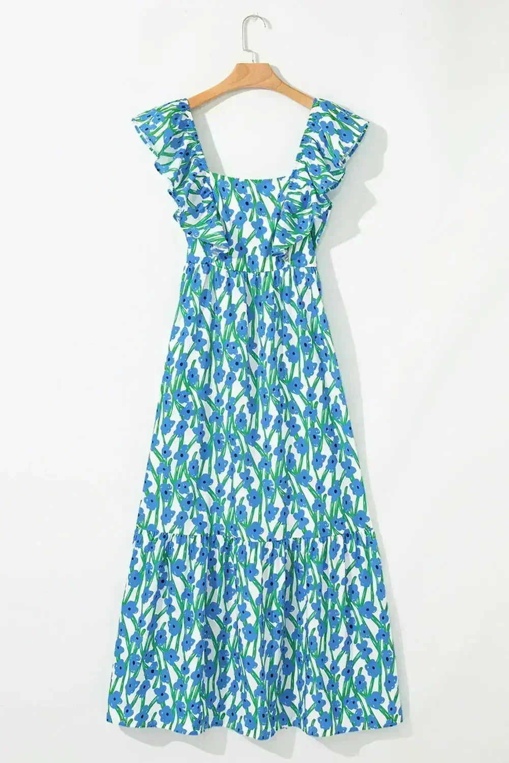 Pink Floral Print Square Neck Ruffled Strap Maxi Dress
