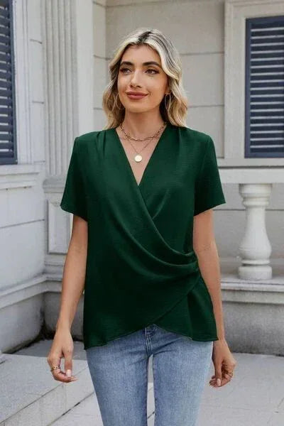Out of State - Solid Color Surplice Short Sleeve Blouse