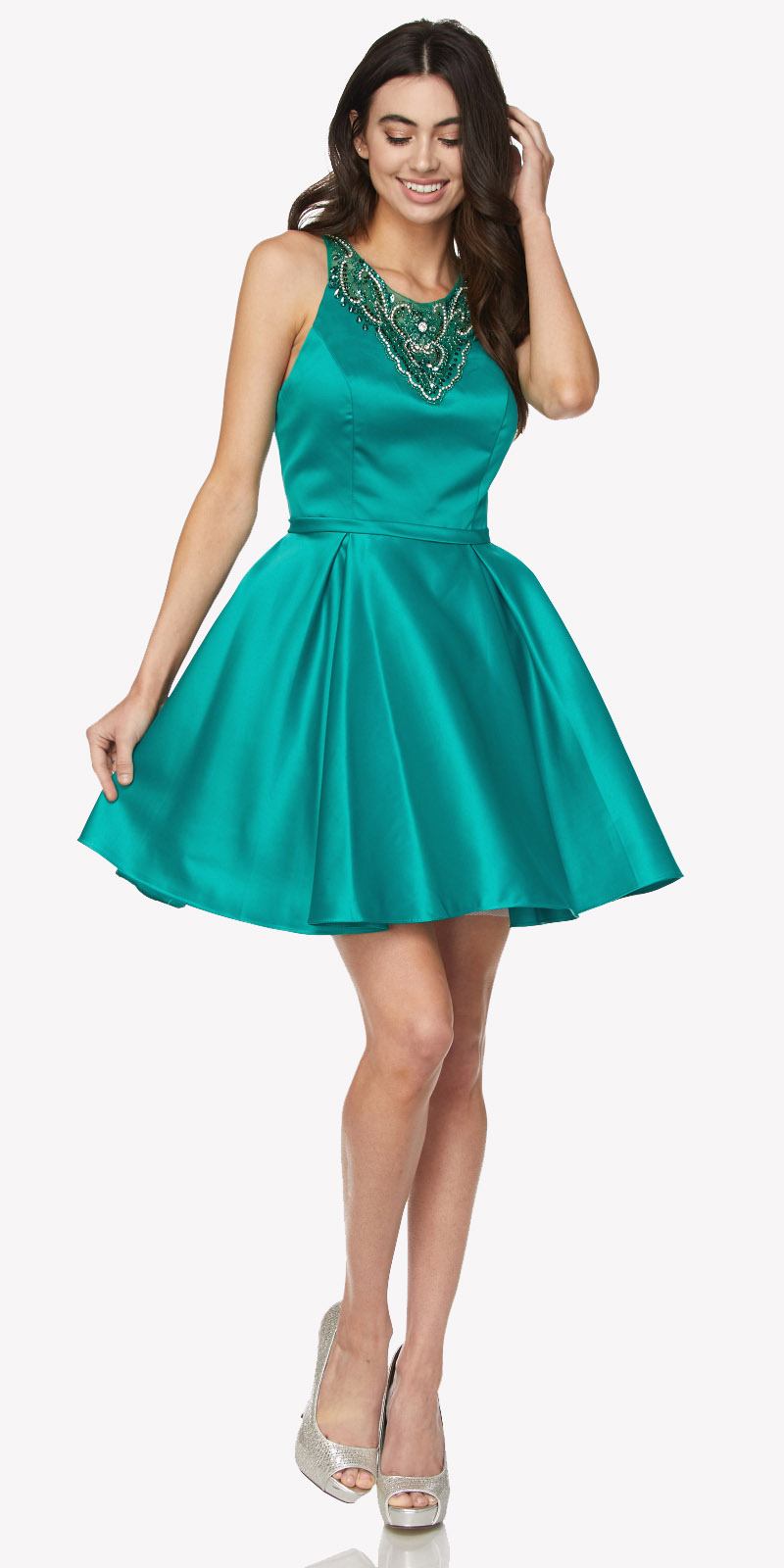 Juliet 794 Beaded Scoop Neck Short Satin Dress
