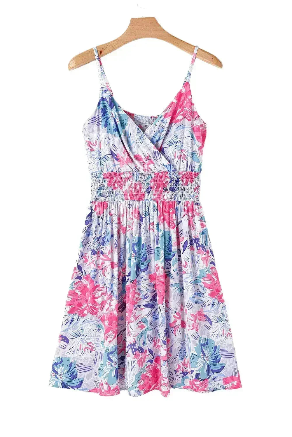 Red Floral Spaghetti Strap Surplice Neck Shirred Waist Mini Dress