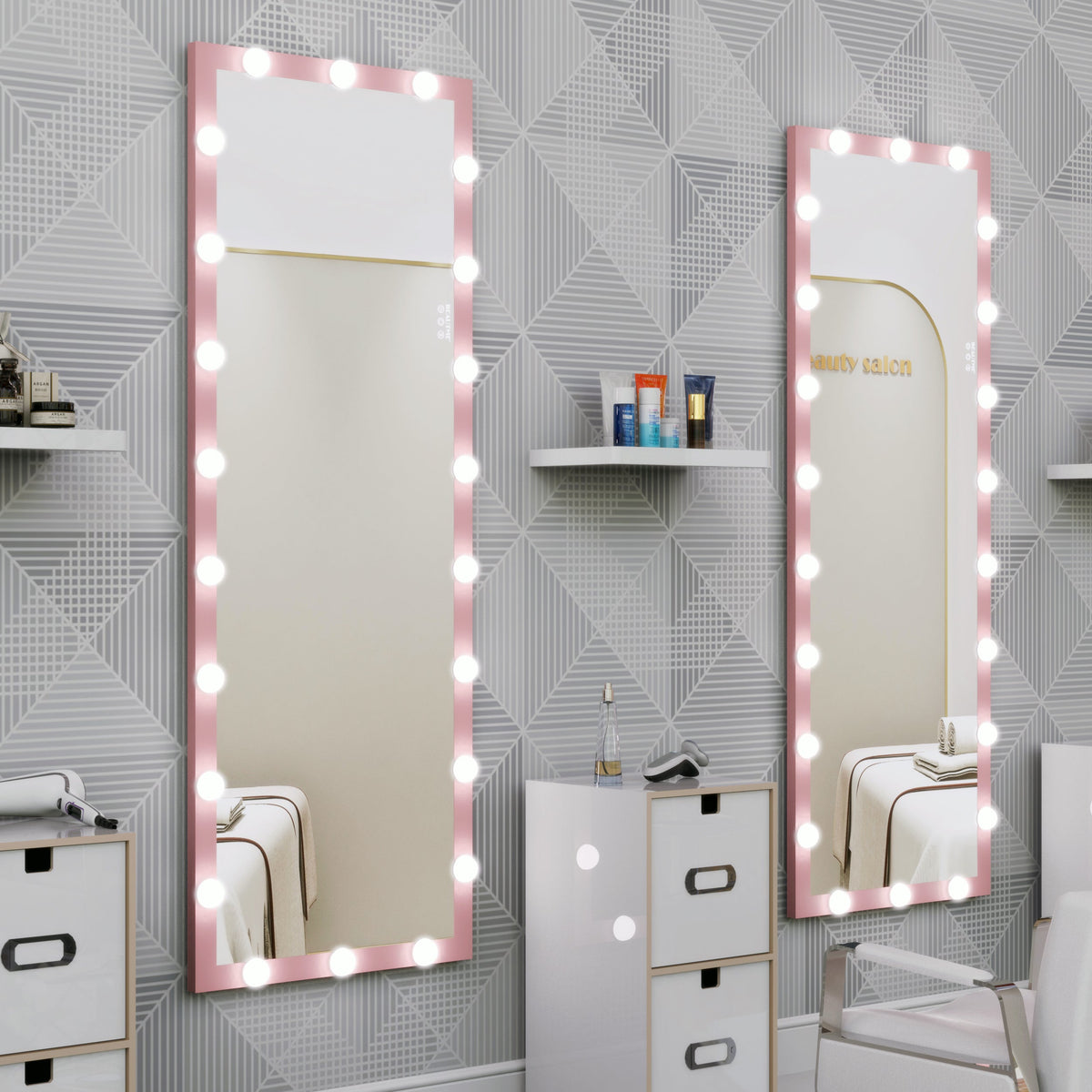 62.6-inch x 23.3-inch pink Hollywood illuminated full body vanity mirror with 3 color modesstanding floor mirror touch control