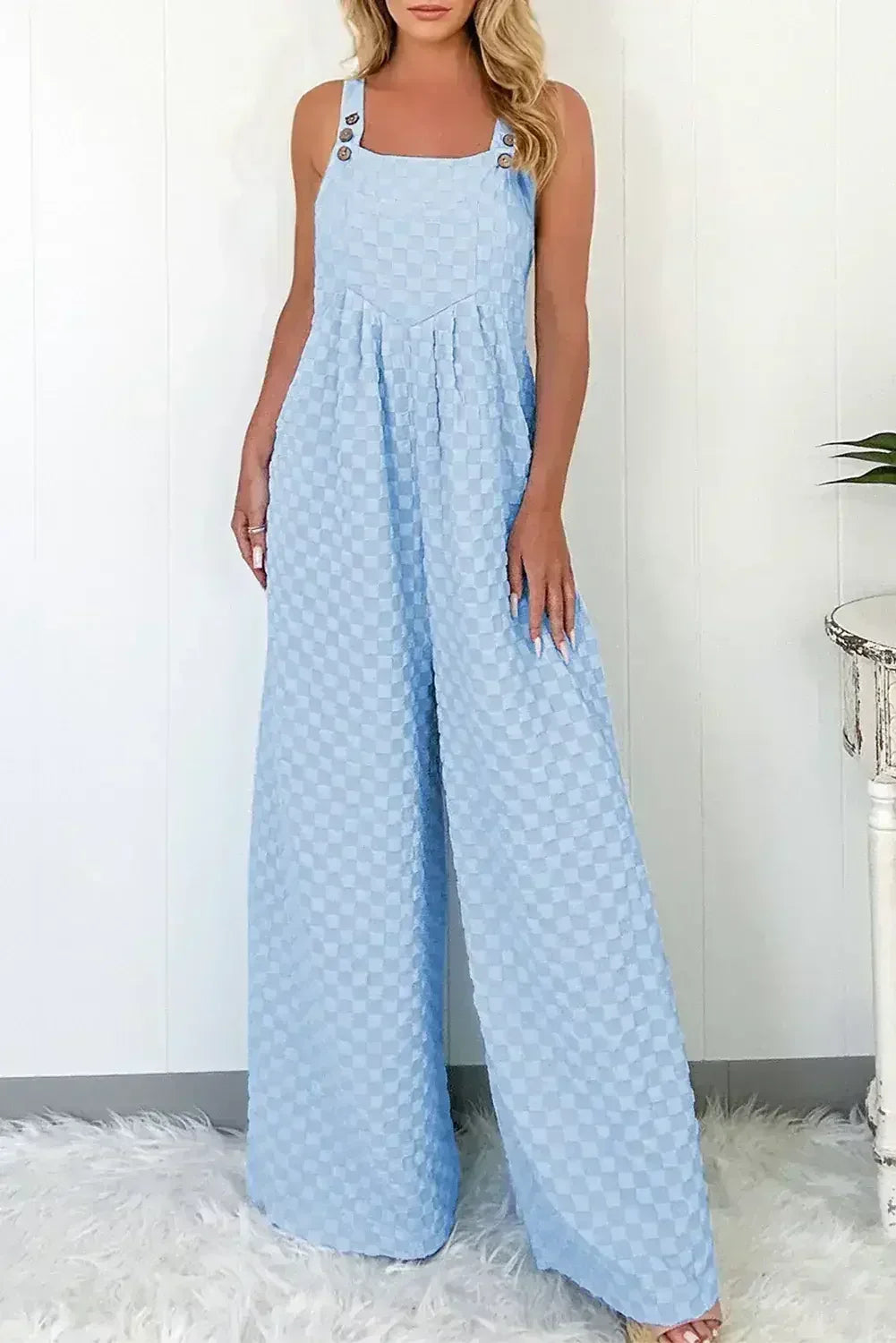 Beige Checkered Pocket High Waist Wide Leg Overall
