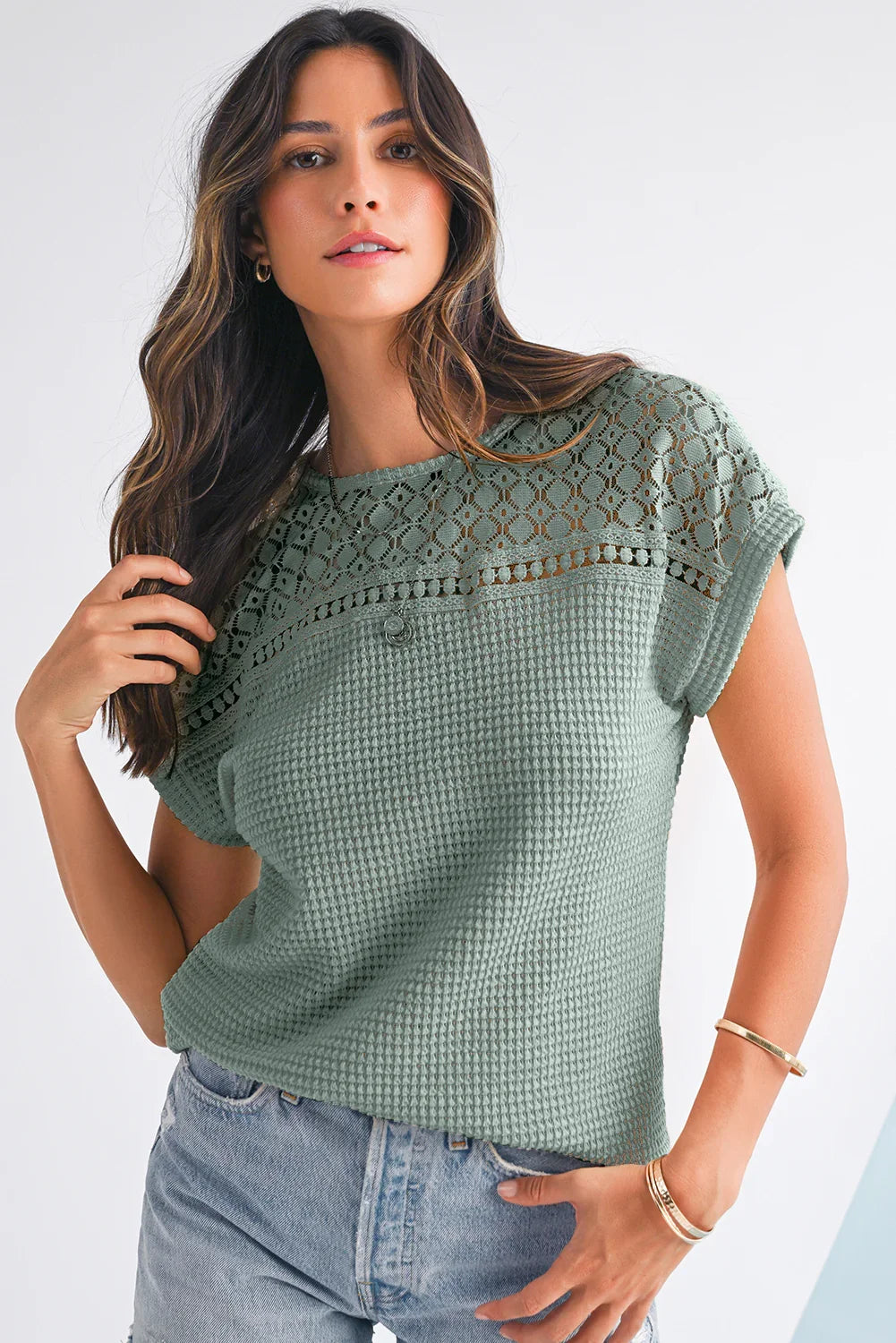Mist Green Hollow Patchwork Waffle Knit Top