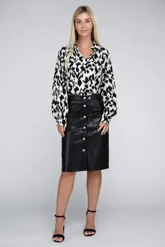 Button Front PU Skirt – High Waist Midi with Pockets