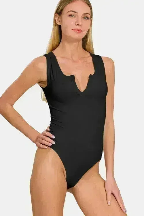 Microfiber Notched Neck Sleeveless Bodysuit - Femstylo