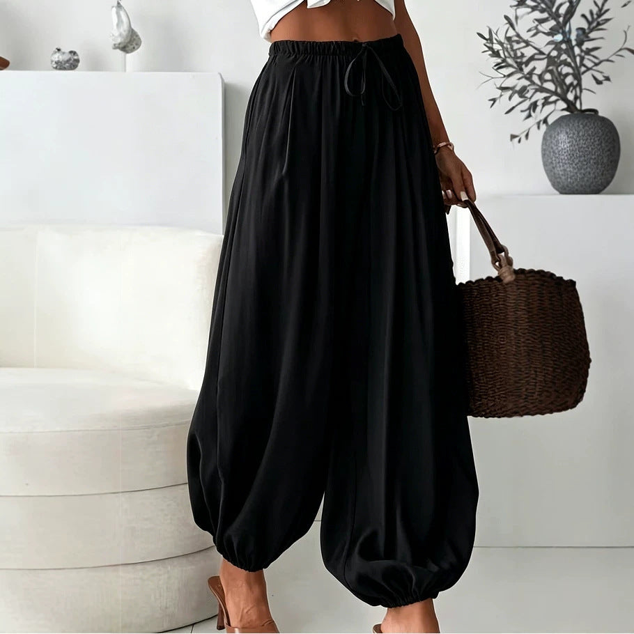 2026 Women's Summer Loose Drawstring Wide-Leg Cropped Pants With Draped Effect Harem Pants For Export Cross-Border Women's Fashion