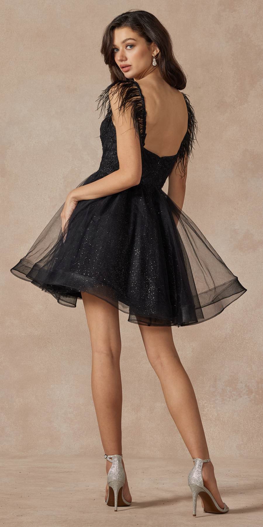 Juliet 881 Feather Straps Sheer Bodice Short A-line Tulle Dress