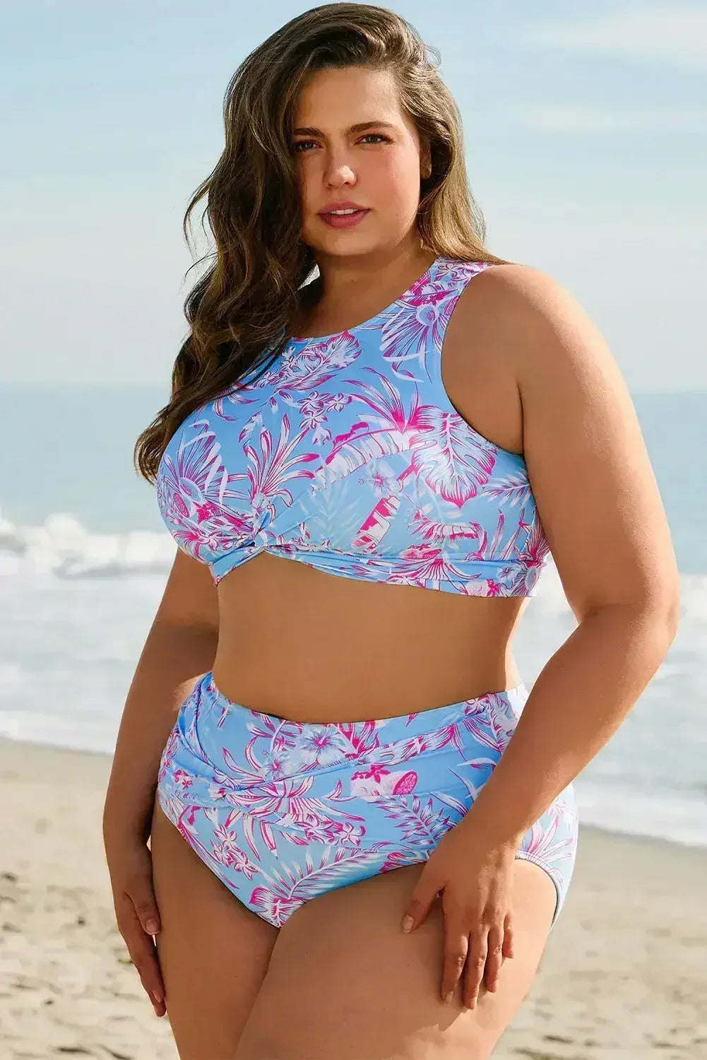 Rose Plus Size Floral Print Twisted High Waist Bikini Set