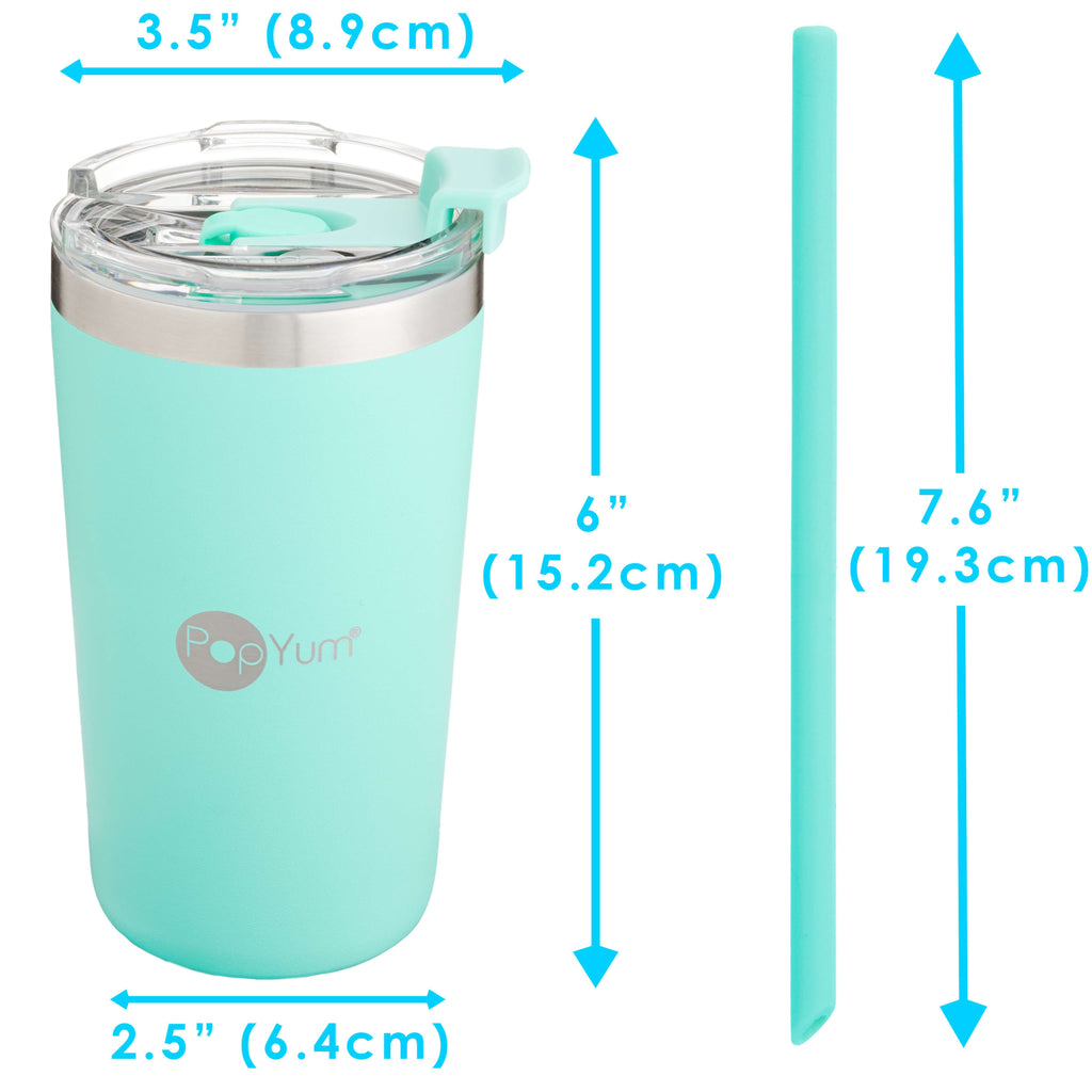 PopYum 13oz Insulated Stainless Steel Kids’ Cups with Lid and Straw, 2-Pack, Blue & Green, stackable, sippy, baby, child, toddler, tumbler