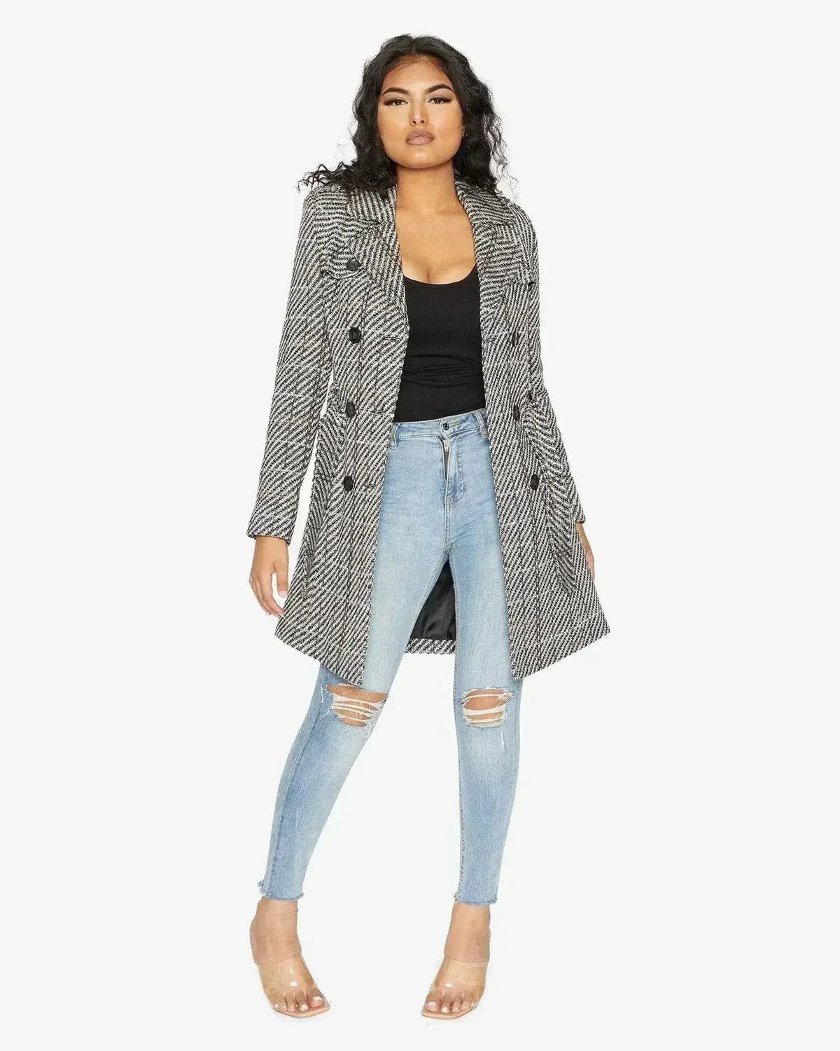 Wool Blend Check Double Breasted Military Coat