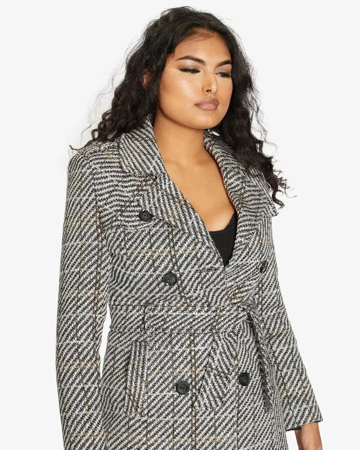 Wool Blend Check Double Breasted Military Coat