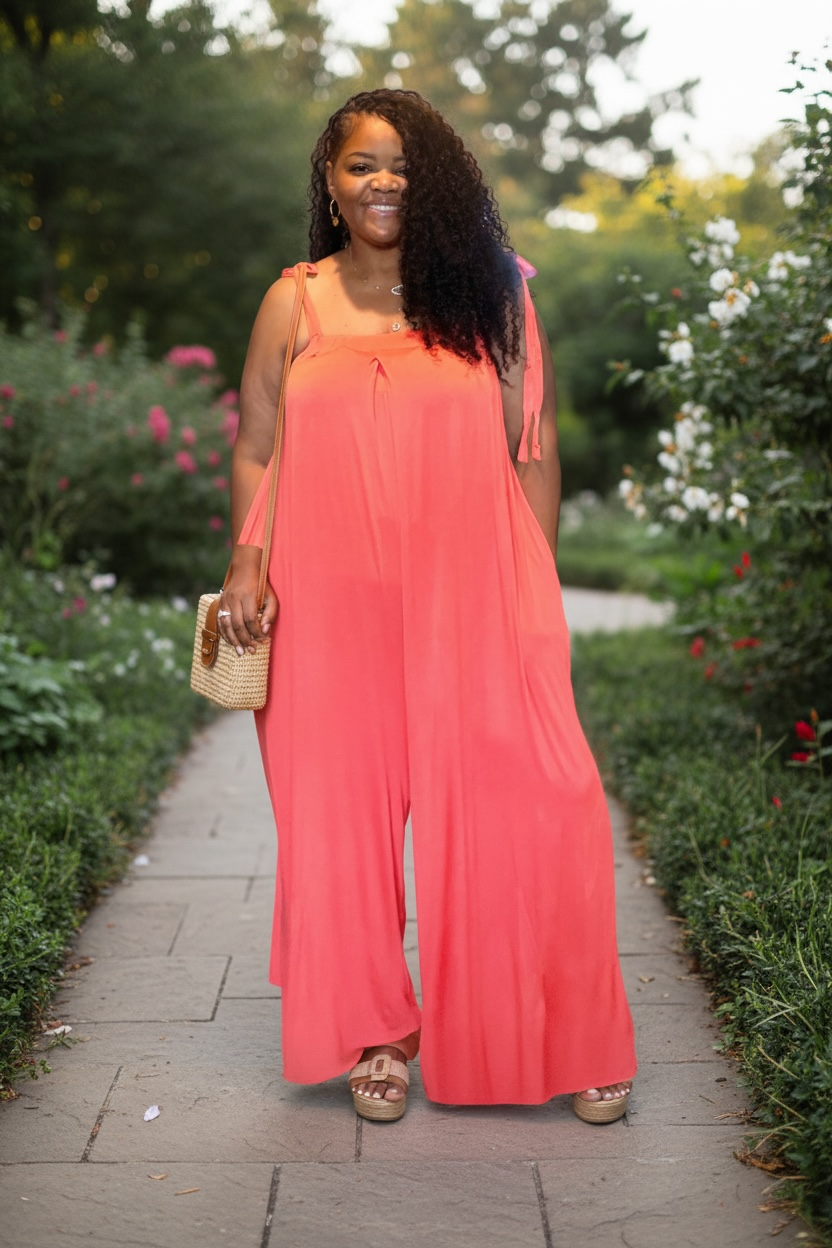 Womens Plus Size Coral Jumpsuit With Pockets