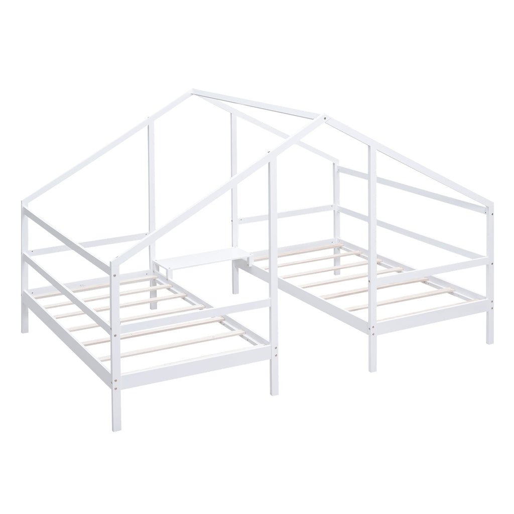 Double Twin Size Triangular House Beds with Built-in Table White