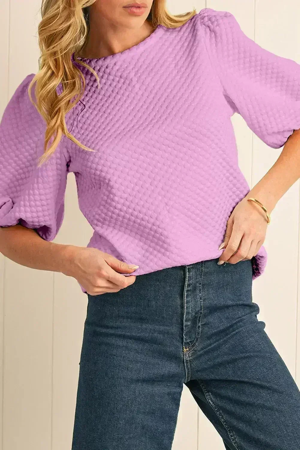 Phalaenopsis Solid Textured O Neck Puff Sleeve Blouse | Femstylo