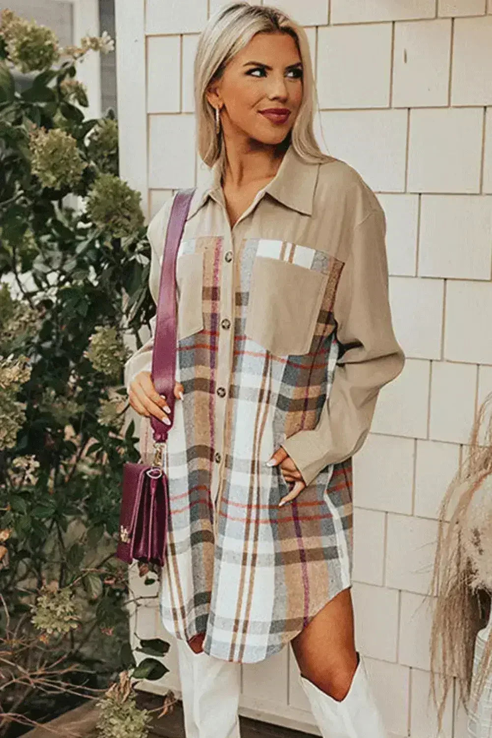 Khaki Plaid Patchwork Long Sleeve Mini Dress with Pockets