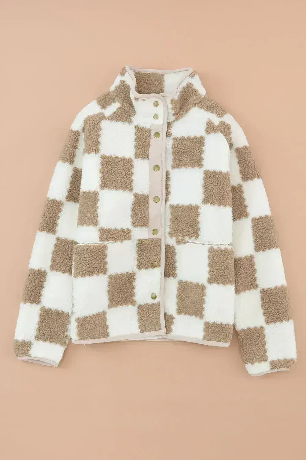 Plaid Sherpa Jacket - Brown Check Snap Button - Cozy Fleece Lined