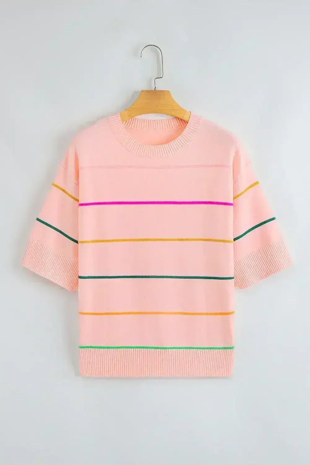 White Striped Half Sleeve Drop Shoulder Sweater