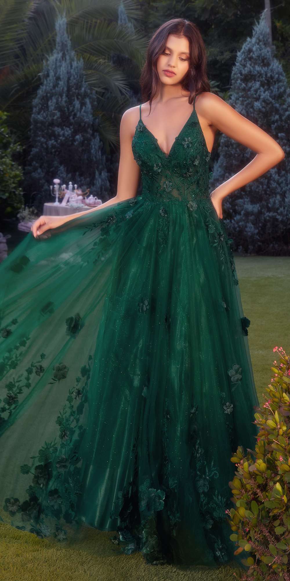 Andrea & Leo A1326 Long Tulle A-Line Floral Applique Gown